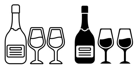 Wine Bottle and Glasses Icon Set in Outline and Solid Black Style Isolated on White