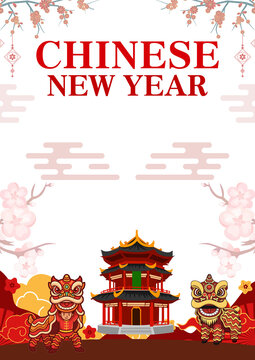 PNG image of Vibrant chinese new year celebration graphic featuring traditional lion dance performers a pagoda and blooming cherry blossoms on black on white background