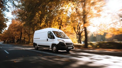 White delivery van driving fast on a scenic asphalt road through an autumn forest with motion blur