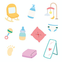 Cute newborn room objects doodle isolated vector collection set. Pastel color of diaper, rattle, blanket, chair for nursery, children book, design