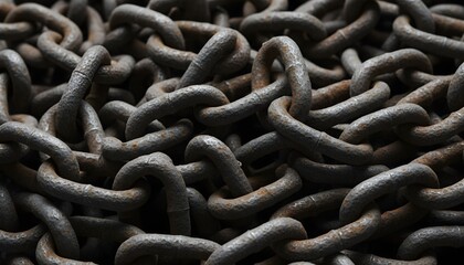 A close-up view of a tangled mass of old rusty metal chains on a dark background