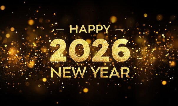 Golden Glitter Happy 2026 New Year Celebration Background with Bokeh Lights