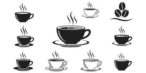 Coffee cup icons, black and white coffee illustrations, steaming mugs, latte art, beans, cafe branding, flat vector illustration