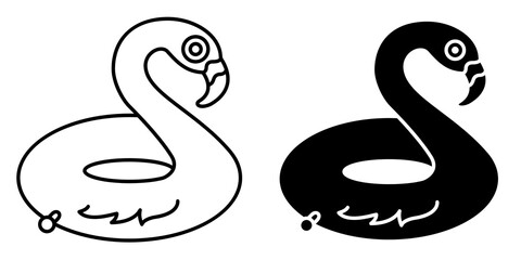 Flamingo Pool Float Icon Set in Outline and Solid Black Style Isolated on White