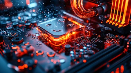 A closeup showcasing a liquid cooler system with its components. The design features advanced cooling and a visually striking aesthetic, ideal for showcasing technology and innovation.