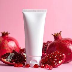White tube of skincare product surrounded by pomegranate halves and seeds on a pink background