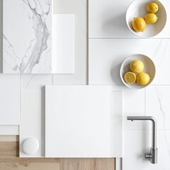 Elevated kitchen design, featuring white tiles, marble accents, and bright lemons