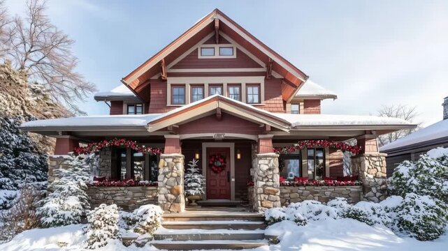 A charming red Craftsman-style house with snow-covered roof and festive holiday decorations, including a wreath on the door and garlands on the porch.