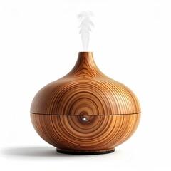Wooden diffuser, bulbous shape,  light brown wood grain, emitting vapor