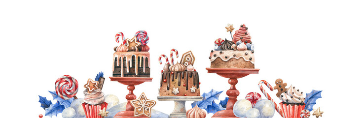 Watercolor Christmas dessert border illustration with festive cakes, candies and holiday sweets isolated on a white background