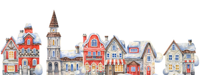 Hand-painted winter town border featuring Christmas houses, snowy roofs and cozy holiday atmosphere on white