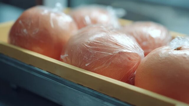 Medium shot of minimal pomelo packaging process highlighting lightweight simple wrapping designs that reduce waste while ensuring fruit protection and ease of handling.