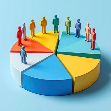 Colorful pie chart with miniature people positioned around it