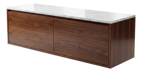 A compact two-door buffet with a marble top, perfect for serving drinks in a cozy space.