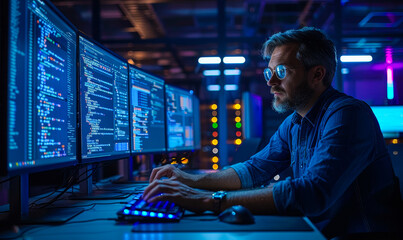 IT Specialist Working on Coding and Software Development at Night in Data Center with Multiple Monitors and Technical Equipment, Professional in Blue Ambient Light, Focused on Programming