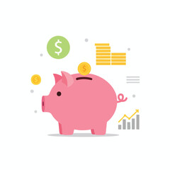 A pink piggy bank with coins and a rising chart, set against a white background