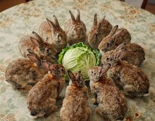 Obraz premium Rabbits gather around cabbage on table
