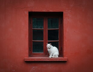 White cat rests on windowsill in rustic building exterior