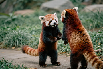 Red Pandas Interact at Woodland Habitat