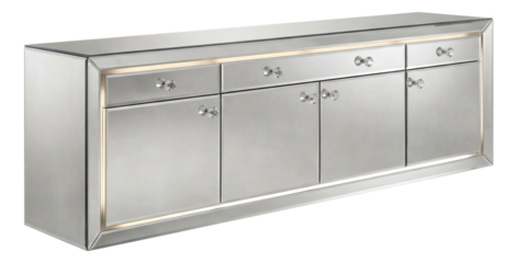 A mirrored buffet with crystal knobs and a silver finish, perfect for a glamorous bedroom.