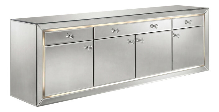 A mirrored buffet with crystal knobs and a silver finish, perfect for a glamorous bedroom.