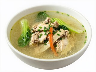 Chicken soup simmers in a white ceramic bowl