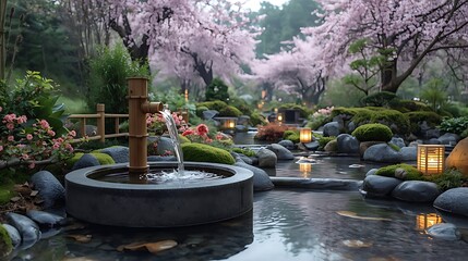 A calming Japanese-inspired garden scene with a bamboo water spout pouring into a stone basin set within a shallow stream.
