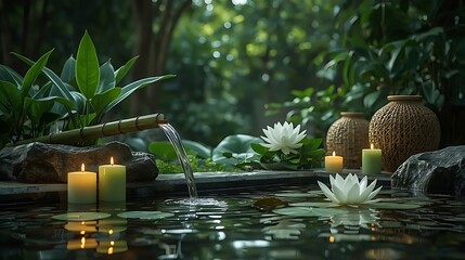 A serene zen garden scene in a lush green forest, featuring a bamboo water spout gently pouring clear water into a reflective pond, surrounded by glowing green and yellow candles