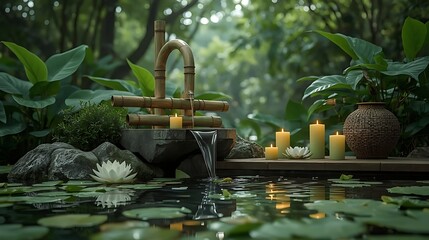 A serene zen garden scene in a lush green forest, featuring a bamboo water spout gently pouring clear water into a reflective pond, surrounded by glowing green and yellow candles