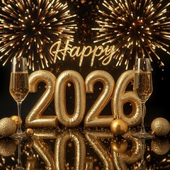 A festive New Year celebration scene featuring large gold metallic 2026 numerals glowing at the center, with the word &ldquo;Happy&rdquo; above them.