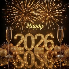 A festive New Year celebration scene featuring large gold metallic 2026 numerals glowing at the center, with the word &ldquo;Happy&rdquo; above them.