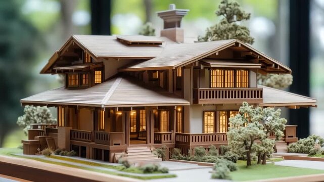 A detailed architectural model of a Craftsman-style craftsman house with illuminated windows, surrounded by miniature trees, on a wooden base.