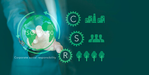 Corporate Social Responsibility concept. CSR for sustainability, ethics, community, and environmental responsibility, reflecting transparent, ethical, and socially responsible business practices.