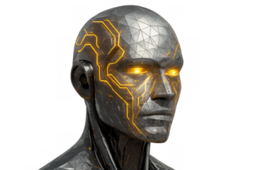 Humanoid robot's head showcasing advanced ai, with glowing eyes and circuit patterns on its metallic face. Transparent background