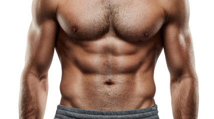 Fototapeta premium Close up of a muscular male torso showing defined abdominal muscles, highlighting fitness and athleticism on a transparent background, ideal for health, fitness, and bodybuilding concepts