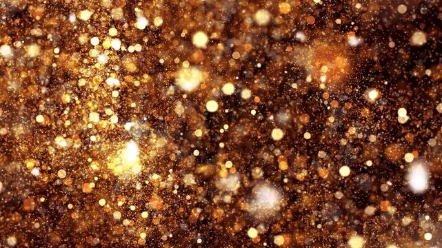 Animated concept of orange gold particles for celebrating birthdays and holidays. 4K loop with bokeh background and light particles on a dark background. Animated video with light leak effect.