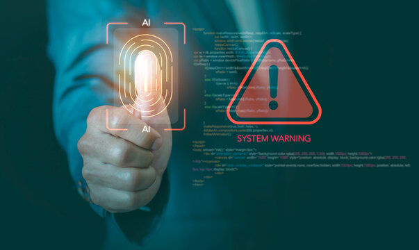 AI cybersecurity concept. digital warning interface, fingerprint authentication, post-quantum cryptography, e KYC identity verification,  system threat detection, cyber risk prevention technology. - Powered by Adobe