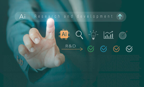 Businessman using AI in research and development for new product software design, driving innovation, technology advancement, market competitiveness, sustainable business growth through R&D strategy