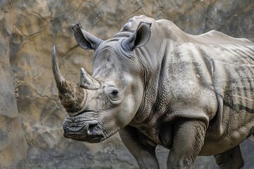 Obraz premium Large white rhinoceros standing near a rock formation showing its impressive horn