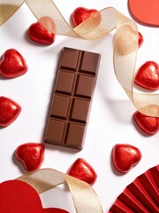Delicious chocolate bar surrounded by heart shaped candies and ribbons