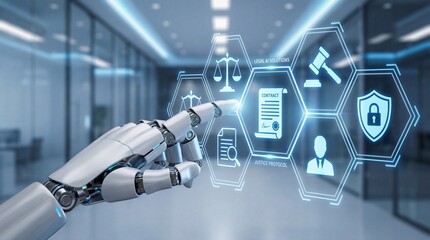 Innovative automation technology demonstration corporate office digital interaction futuristic environment close-up view professional white humanoid concept