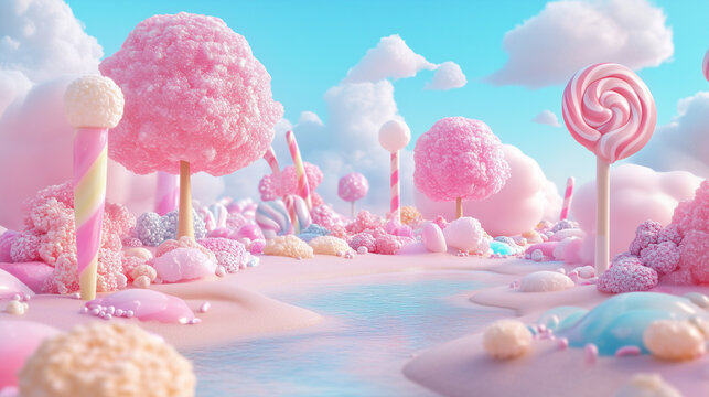 A colorful pastel landscape filled with delicious, tempting sweets and candies. The dreamlike scene features pink and blue cotton candy marshmallows in a vibrant 3D design.