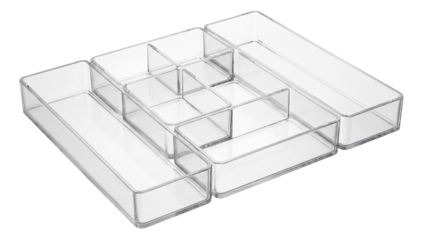 Clear kitchen drawer organizer with adjustable sections for easy visibility in a sleek