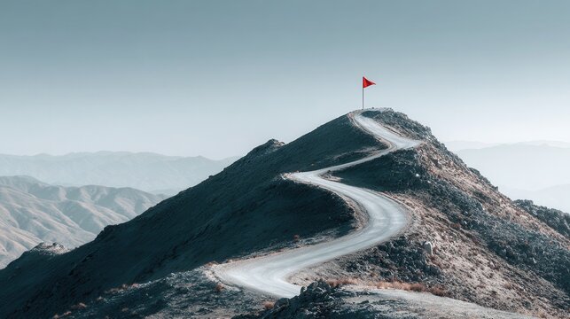Winding road leading to a red flag at the summit of a rocky mountain peak