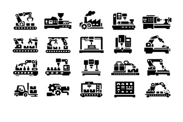 Obraz premium Collection of industrial machines and equipment icons in silhouette style