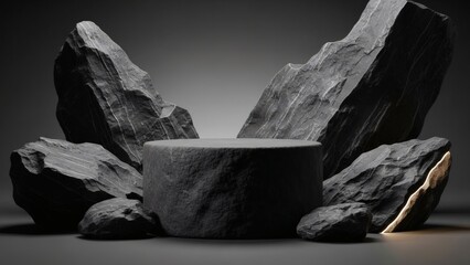 Dramatic Dark Rock Pedestal Display with Natural Stone Background for Luxury Product Showcase