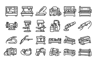 Industrial machines icons: drill, welder, lathe, cnc, grinder, saw