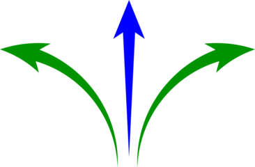 Three arrows diverging on a black background one blue and two green