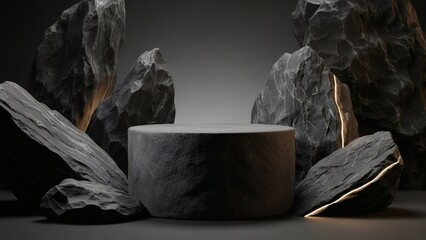 Abstract Stone Podium Display for Product Presentation Minimalist Dark Rocks Premium Luxury Background