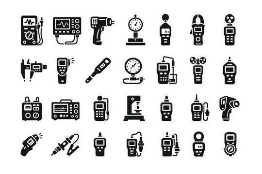 Set of measurement tools icons including multimeters and oscilloscopes